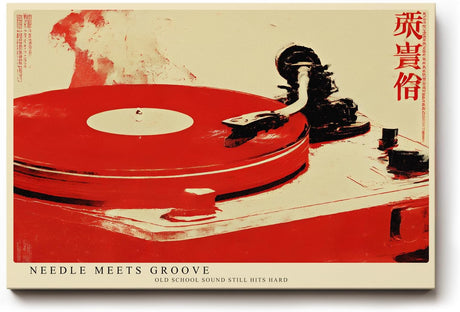 Paul Sinus Wandbild 120x80cm Plattenspieler Vinyl Musik Retro Illustration rot weiss modernes Musik Kunstbild DJ Wanddekoration fuer Wohnzimmer Studio Musikzimmer
