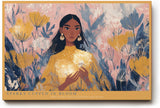 Paul Sinus Wandbild 120x80cm Poetisches Frauenportrait mit Blumen und Licht Moderne Illustration in warmen Naturfarben