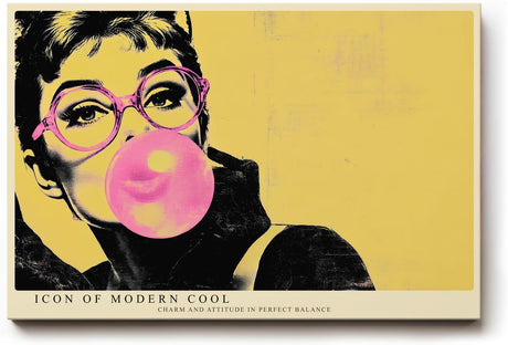 Paul Sinus Wandbild 120x80cm Pop Art Frau mit Brille Kaugummi modern retro Portraet Kunstbild gelb pink Wanddekoration fuer Wohnzimmer Büro