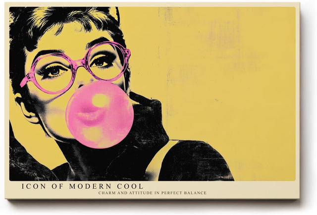 Paul Sinus Wandbild 120x80cm Pop Art Frau mit Brille Kaugummi modern retro Portraet Kunstbild gelb pink Wanddekoration fuer Wohnzimmer Büro
