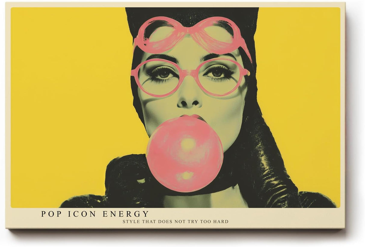 Paul Sinus Wandbild 120x80cm Pop Art Frauenportraet mit Kaugummi moderne Retro Illustration gelbe Hintergrundfarbe stilvolle Wanddekoration fuer Wohnzimmer Büro