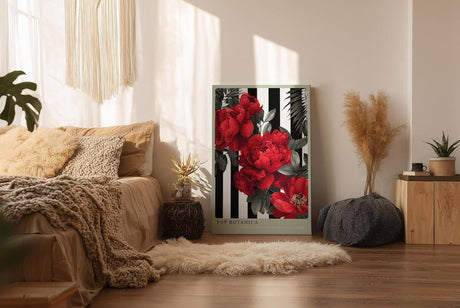 Paul Sinus Wandbild in 40x60cm Pop Botanica – Rote Pfingstrosen vor schwarz-weißem Streifenmuster