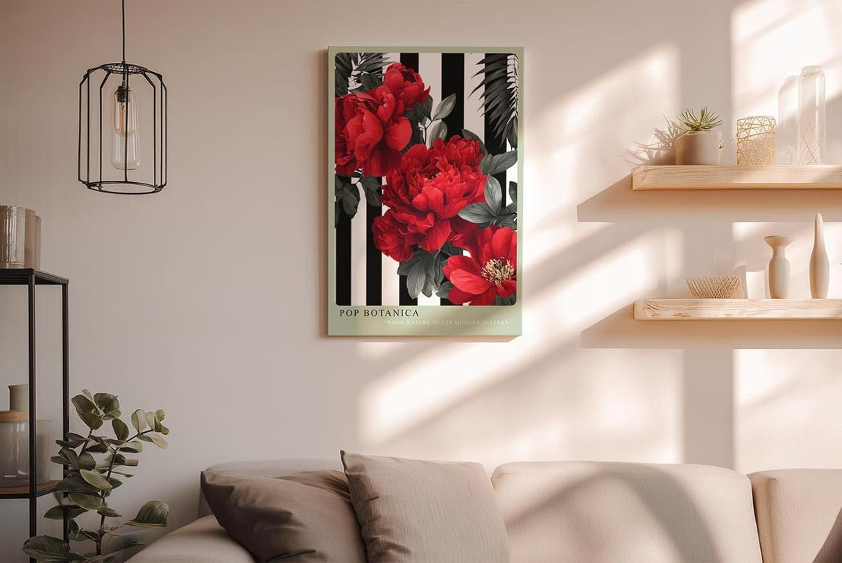 Paul Sinus Wandbild in 40x60cm Pop Botanica – Rote Pfingstrosen vor schwarz-weißem Streifenmuster