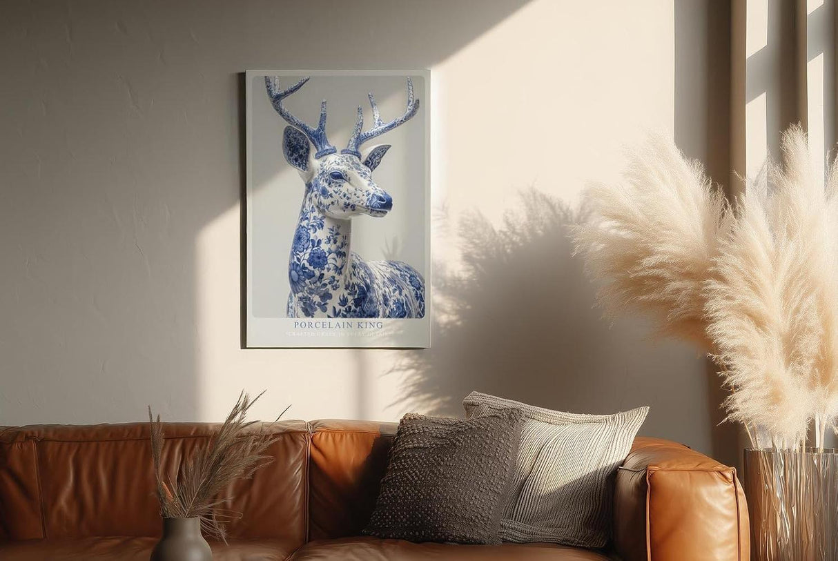 Paul Sinus Wandbild in 40x60cm Porcelain King – majestätischer Hirsch in edler Blau-Weiß-Optik mit detailreicher Porzellanstruktur