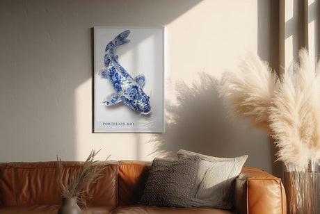 Paul Sinus Wandbild in 40x60cm Porcelain Koi – edler Koi-Fisch in filigraner Blau-Weiß-Porzellanoptik mit kunstvollen Mustern
