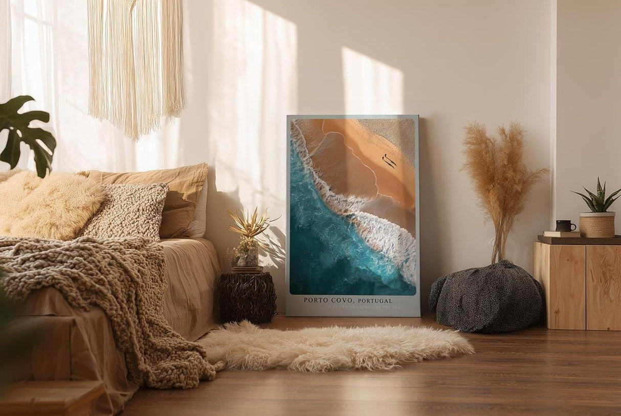 Paul Sinus Wandbild in 40x60cm Porto Covo Portugal – Luftaufnahme von Strand und Meer mit zwei Silhouetten im Sand