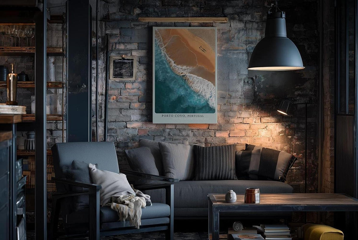 Paul Sinus Wandbild in 40x60cm Porto Covo Portugal – Luftaufnahme von Strand und Meer mit zwei Silhouetten im Sand