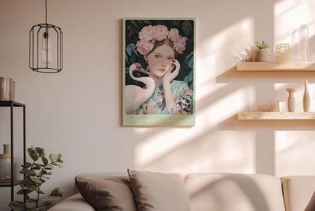 Paul Sinus Wandbild in 40x60cm Porträt einer jungen Frau mit Blumenkrone und Kranich in harmonischer Komposition