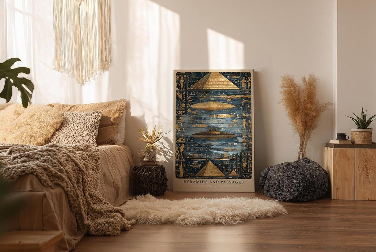 Paul Sinus Wandbild in 40x60cm Pyramids and Passages – Pyramiden, Hieroglyphen und UFO-Szenen in gold-blauer Darstellung