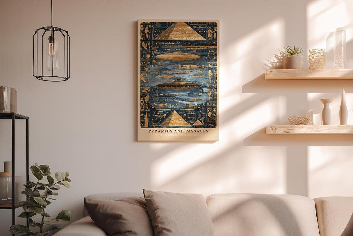 Paul Sinus Wandbild in 40x60cm Pyramids and Passages – Pyramiden, Hieroglyphen und UFO-Szenen in gold-blauer Darstellung