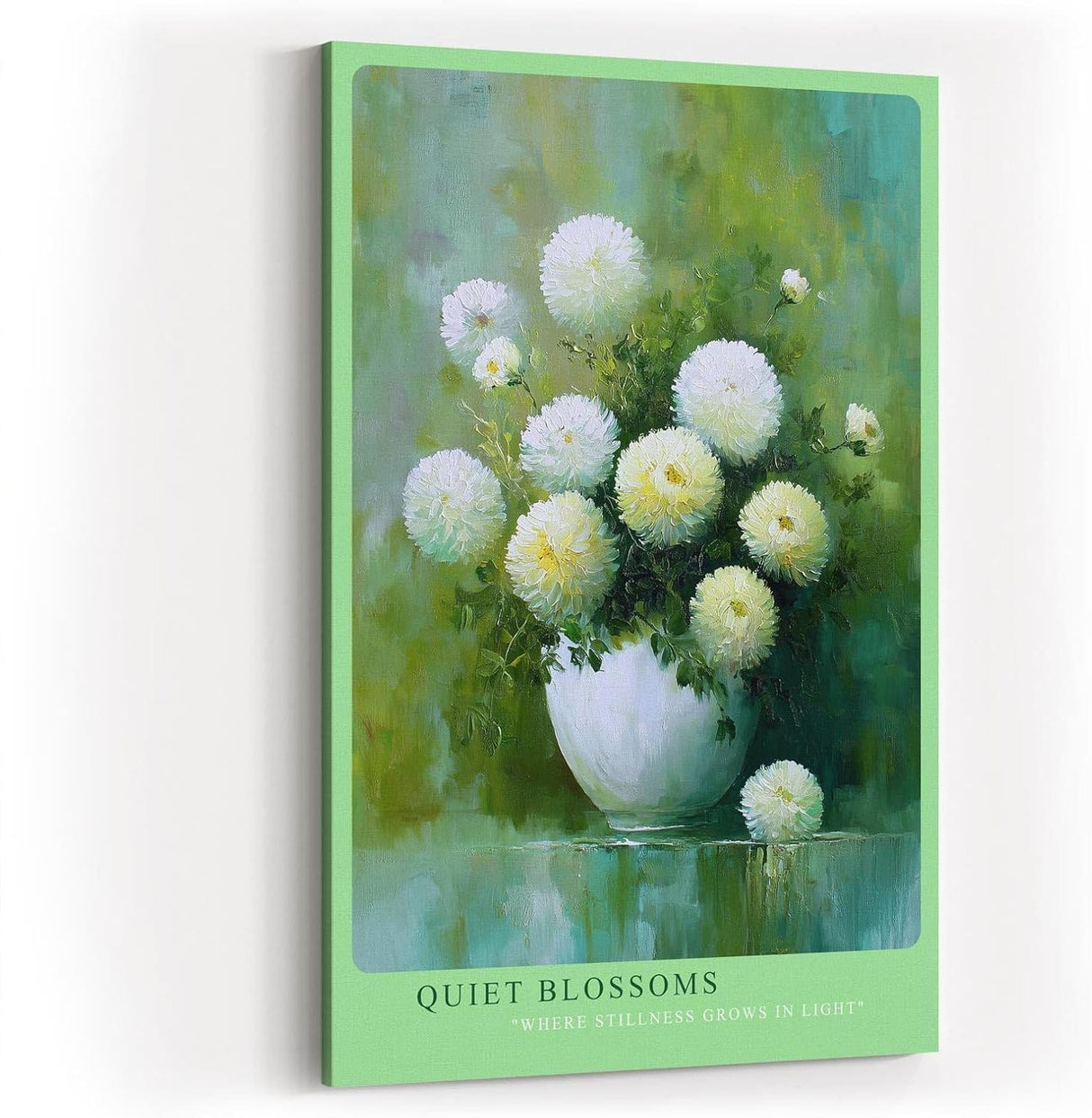 Paul Sinus Wandbild in 40x60cm Quiet Blossoms zartes Stillleben mit weißen Chrysanthemen in weißer Vase vor grünem Hintergrund