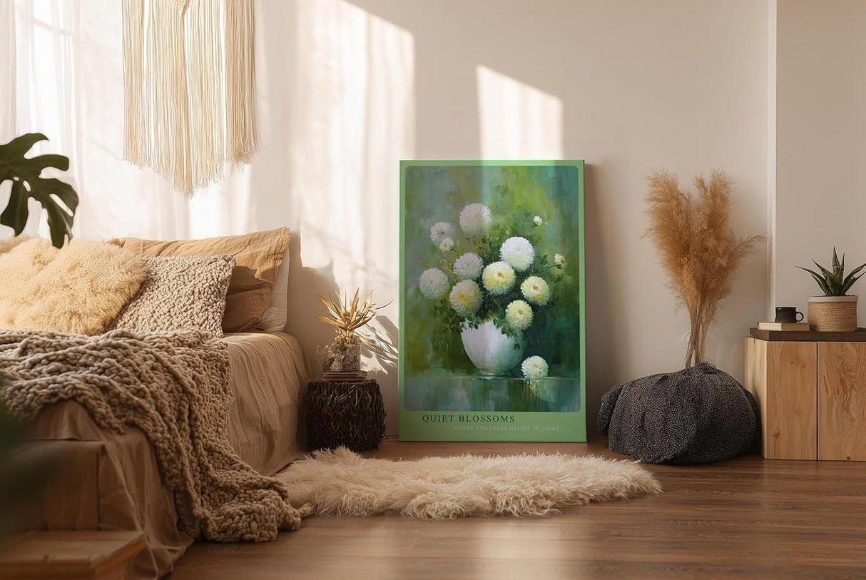 Paul Sinus Wandbild in 40x60cm Quiet Blossoms zartes Stillleben mit weißen Chrysanthemen in weißer Vase vor grünem Hintergrund