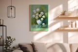 Paul Sinus Wandbild in 40x60cm Quiet Blossoms zartes Stillleben mit weißen Chrysanthemen in weißer Vase vor grünem Hintergrund
