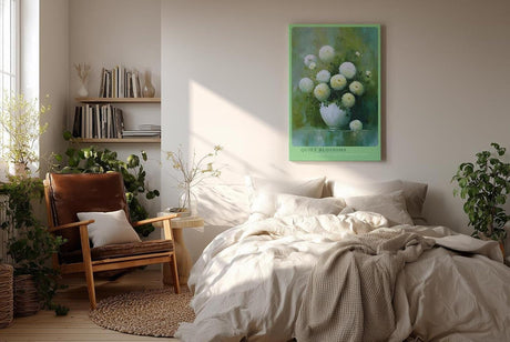 Paul Sinus Wandbild in 40x60cm Quiet Blossoms zartes Stillleben mit weißen Chrysanthemen in weißer Vase vor grünem Hintergrund