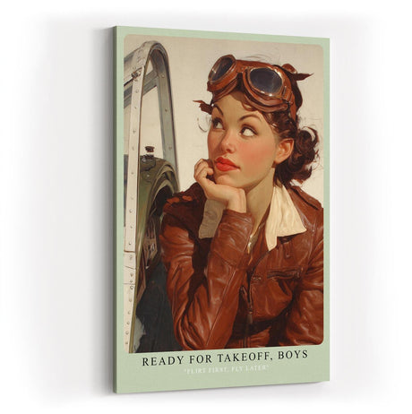 Paul Sinus Wandbild in 40x60cm Ready for Takeoff, Boys – Pin-up-Pilotin in Lederjacke und Fliegerbrille mit verträumtem Blick