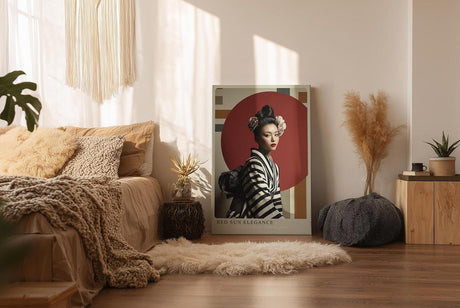 Paul Sinus Wandbild in 40x60cm Red Sun Elegance Porträt einer Frau im gestreiften Kimono vor rotem Kreis mit floralen Haarakzenten für elegante Raumgestaltung