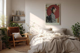 Paul Sinus Wandbild in 40x60cm Red Sun Elegance Porträt einer Frau im gestreiften Kimono vor rotem Kreis mit floralen Haarakzenten für elegante Raumgestaltung