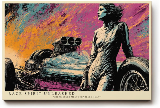 Paul Sinus Wandbild 120x80cm Retro Rennwagen mit Fahrerin Pop Art Illustration bunte Motorsportkunst stilvolle Wanddekoration fuer Wohnzimmer Büro