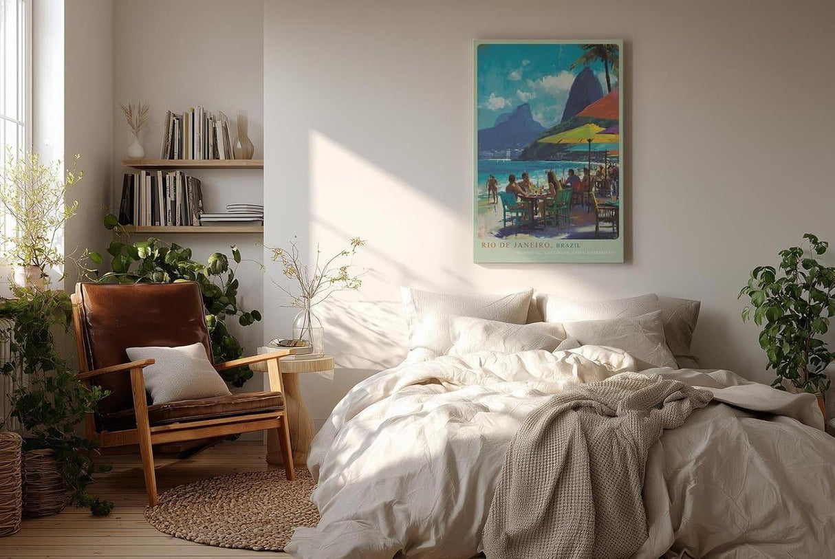 Paul Sinus Wandbild in 40x60cm Rio de Janeiro Strandansicht mit Zuckerhut, Sonnenschirmen und lebendiger Café-Szene in sommerlicher Farbigkeit