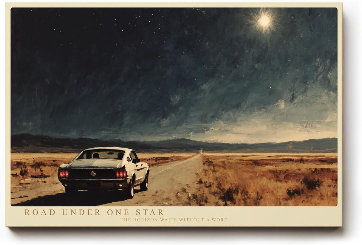 Paul Sinus Wandbild 120x80cm Road Under One Star Nachtlandschaft mit Auto und Sternenhimmel Moderne Reise Kunst fuer Wohnzimmer Büro und Flur