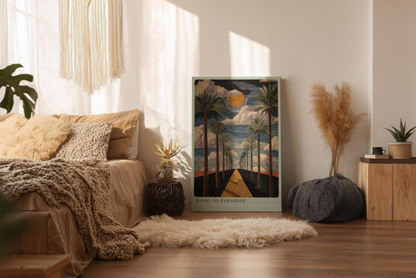 Paul Sinus Wandbild in 40x60cm Road to Paradise mit goldener Straße, Palmenallee und dramatischem Himmel für eindrucksvolle Raumgestaltung