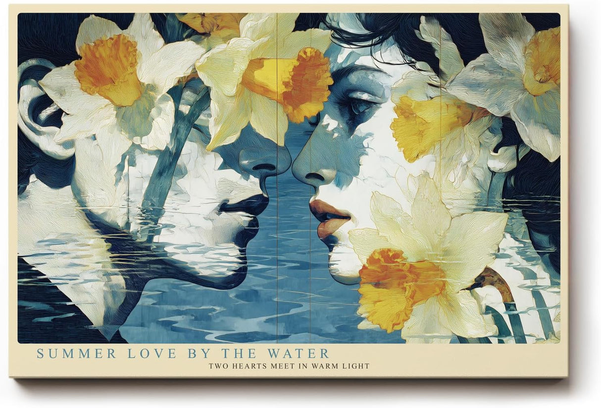 Paul Sinus Wandbild 120x80cm Romantische Frauen Portrait Kunst mit Blumen Moderne Collage in Blau Weiß und Gelb für Wohnzimmer Schlafzimmer Büro