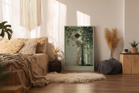 Paul Sinus Wandbild in 40x60cm Rooted in Stillness – Sanftes Porträt einer Frau, die inmitten grüner Blätter einen Baum umarmt, moderne Bilder in beruhigenden Naturtönen