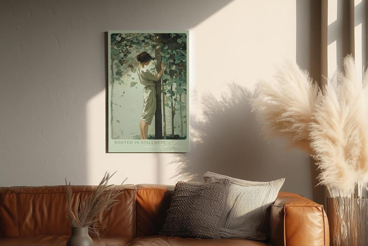 Paul Sinus Wandbild in 40x60cm Rooted in Stillness – Sanftes Porträt einer Frau, die inmitten grüner Blätter einen Baum umarmt, moderne Bilder in beruhigenden Naturtönen