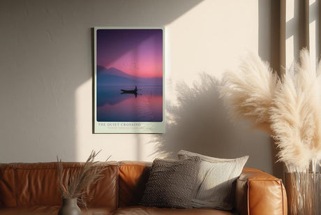Paul Sinus Wandbild in 40x60cm Ruderboot auf stillem See bei Sonnenuntergang mit Bergen und Vogelschwarm im Hintergrund