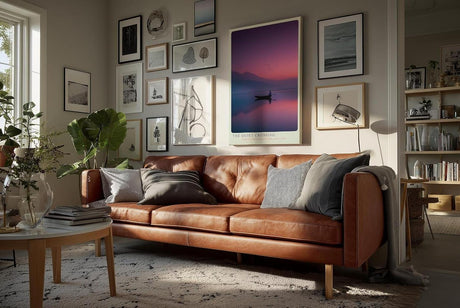 Paul Sinus Wandbild in 40x60cm Ruderboot auf stillem See bei Sonnenuntergang mit Bergen und Vogelschwarm im Hintergrund