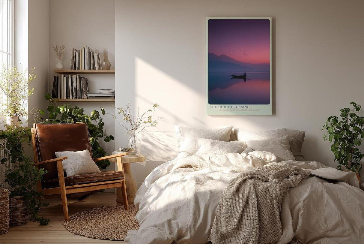 Paul Sinus Wandbild in 40x60cm Ruderboot auf stillem See bei Sonnenuntergang mit Bergen und Vogelschwarm im Hintergrund