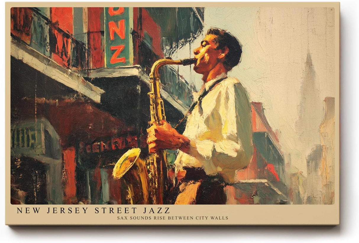 Paul Sinus Wandbild 120x80cm Saxophon Spieler in Stadtstrasse Jazz Musik Kunst Wanddekoration