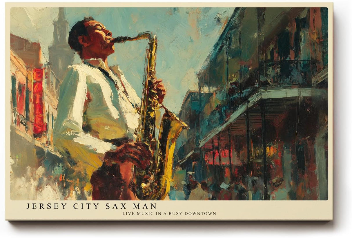 Paul Sinus Wandbild 120x80cm Saxophonspieler in Strassenszene Jazz Musik Kunst Wanddekoration