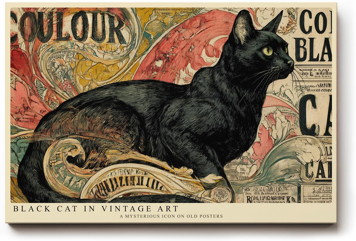 Paul Sinus Wandbild 120x80cm Schwarze Katze im Vintage Stil – Künstlerische Illustration mit dekorativem Retro Hintergrund