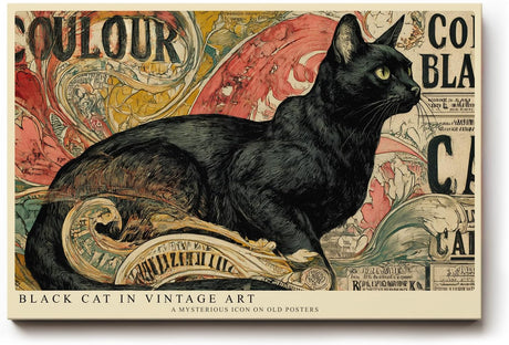 Paul Sinus Wandbild 120x80cm Schwarze Katze im Vintage Stil – Künstlerische Illustration mit dekorativem Retro Hintergrund
