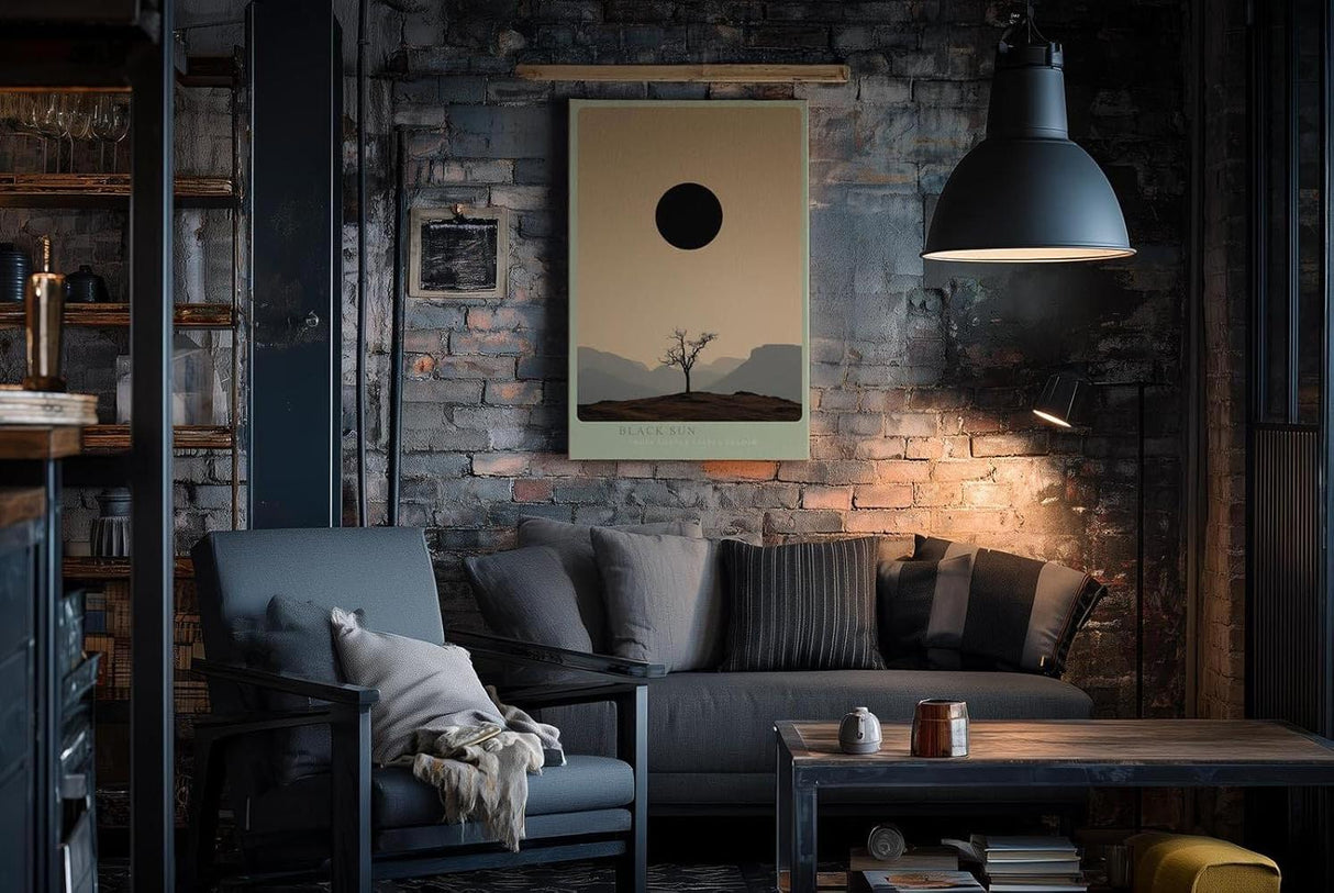 Paul Sinus Wandbild in 40x60cm Schwarze Sonne über karger Landschaft mit Baum und Gebirgssilhouette