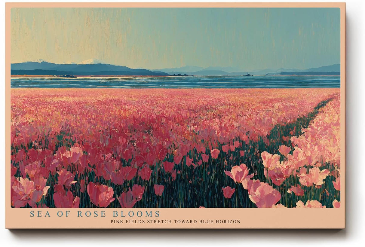 Paul Sinus Wandbild 120x80cm Sea of Rose Blooms rosa Blumenfeld Landschaft moderne Natur Kunst Poster für Wohnzimmer Schlafzimmer Büro