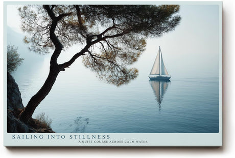 Paul Sinus Wandbild 120x80cm Segelboot auf ruhigem See minimalistische Landschaft blau grau maritimes Kunstmotiv moderne Wanddekoration fuer Wohnzimmer Büro