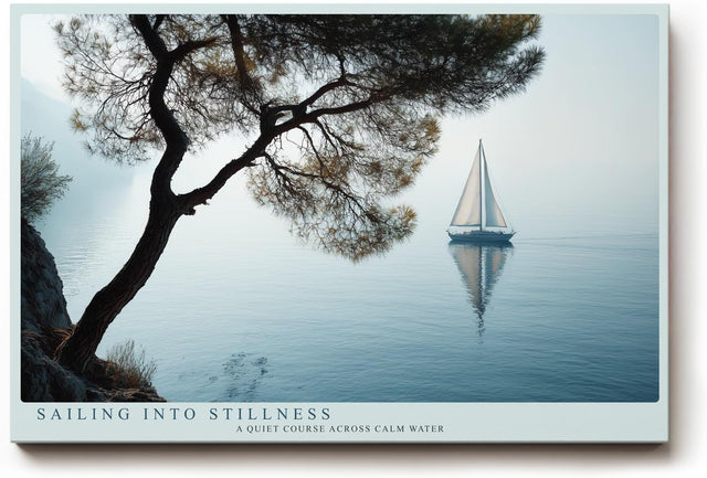 Paul Sinus Wandbild 120x80cm Segelboot auf ruhigem See minimalistische Landschaft blau grau maritimes Kunstmotiv moderne Wanddekoration fuer Wohnzimmer Büro