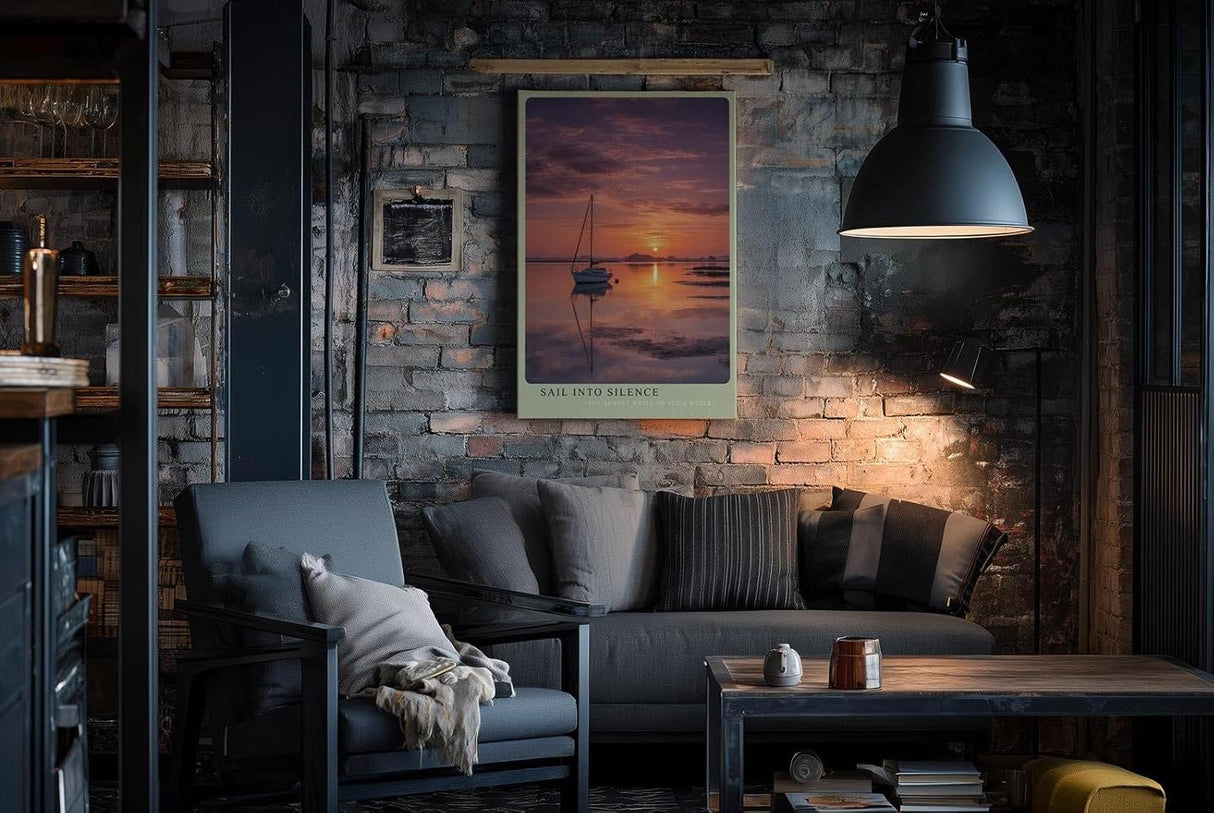 Paul Sinus Wandbild in 40x60cm Segelboot bei Sonnenuntergang auf stillem Wasser mit violett-orangefarbenem Himmel