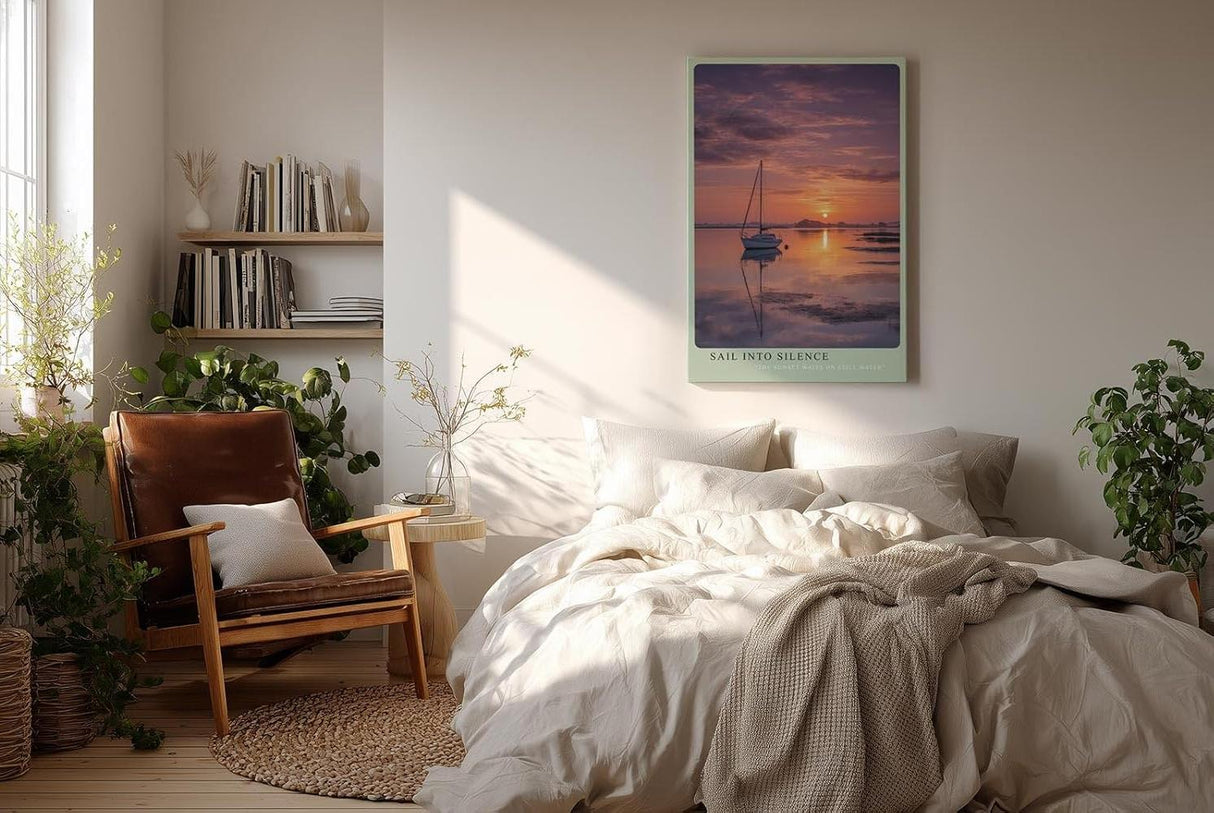 Paul Sinus Wandbild in 40x60cm Segelboot bei Sonnenuntergang auf stillem Wasser mit violett-orangefarbenem Himmel