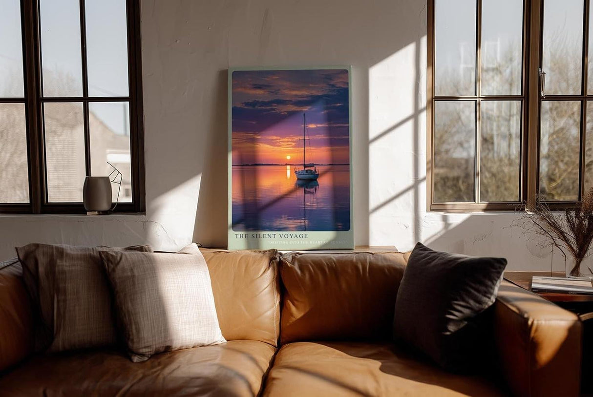 Paul Sinus Wandbild in 40x60cm Segelboot bei Sonnenuntergang mit violett-orangefarbenem Himmel und ruhiger Wasserfläche