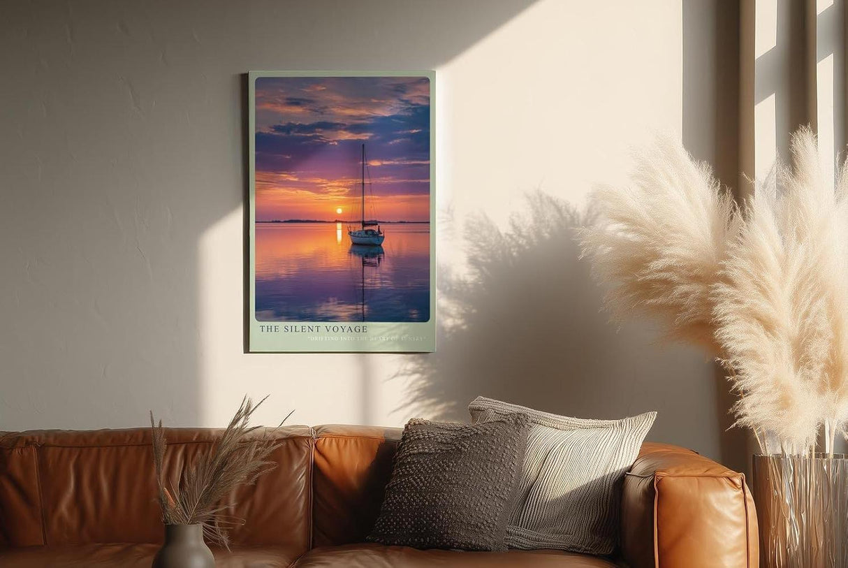 Paul Sinus Wandbild in 40x60cm Segelboot bei Sonnenuntergang mit violett-orangefarbenem Himmel und ruhiger Wasserfläche