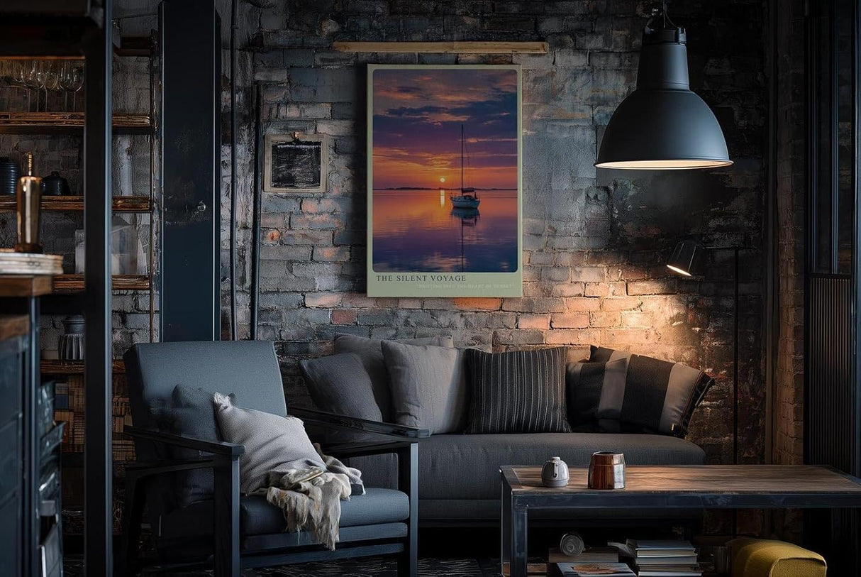 Paul Sinus Wandbild in 40x60cm Segelboot bei Sonnenuntergang mit violett-orangefarbenem Himmel und ruhiger Wasserfläche