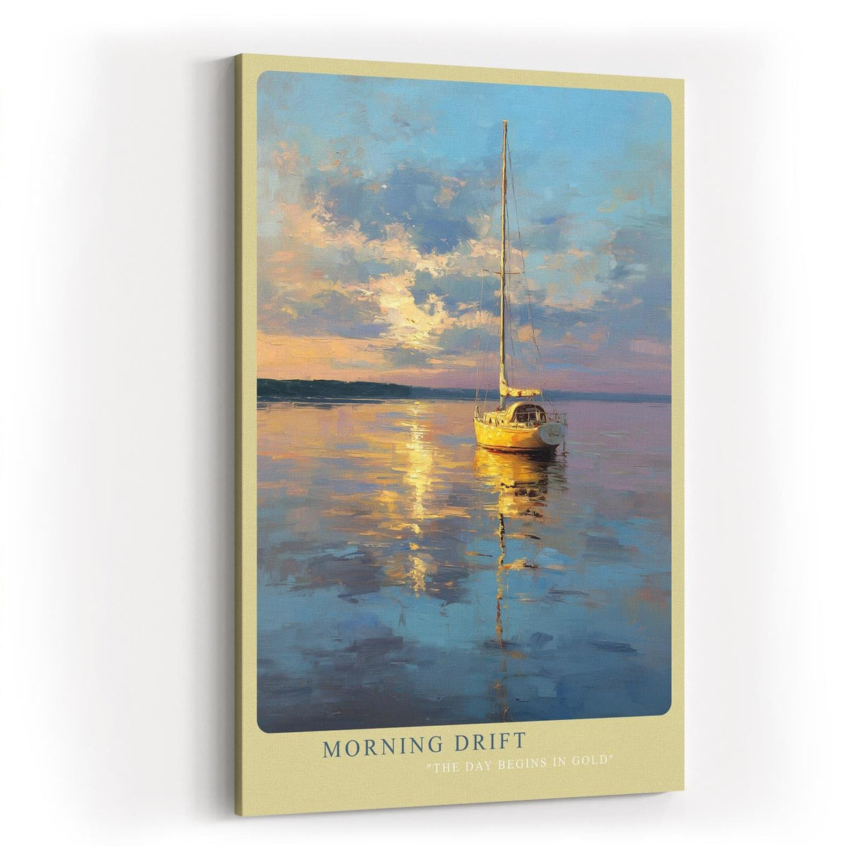 Paul Sinus Wandbild in 40x60cm Segelboot im Morgenlicht auf ruhigem Wasser – maritimes Kunstwerk mit goldener Reflexion und sanftem Himmel