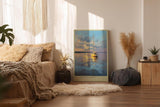 Paul Sinus Wandbild in 40x60cm Segelboot im Morgenlicht auf ruhigem Wasser – maritimes Kunstwerk mit goldener Reflexion und sanftem Himmel