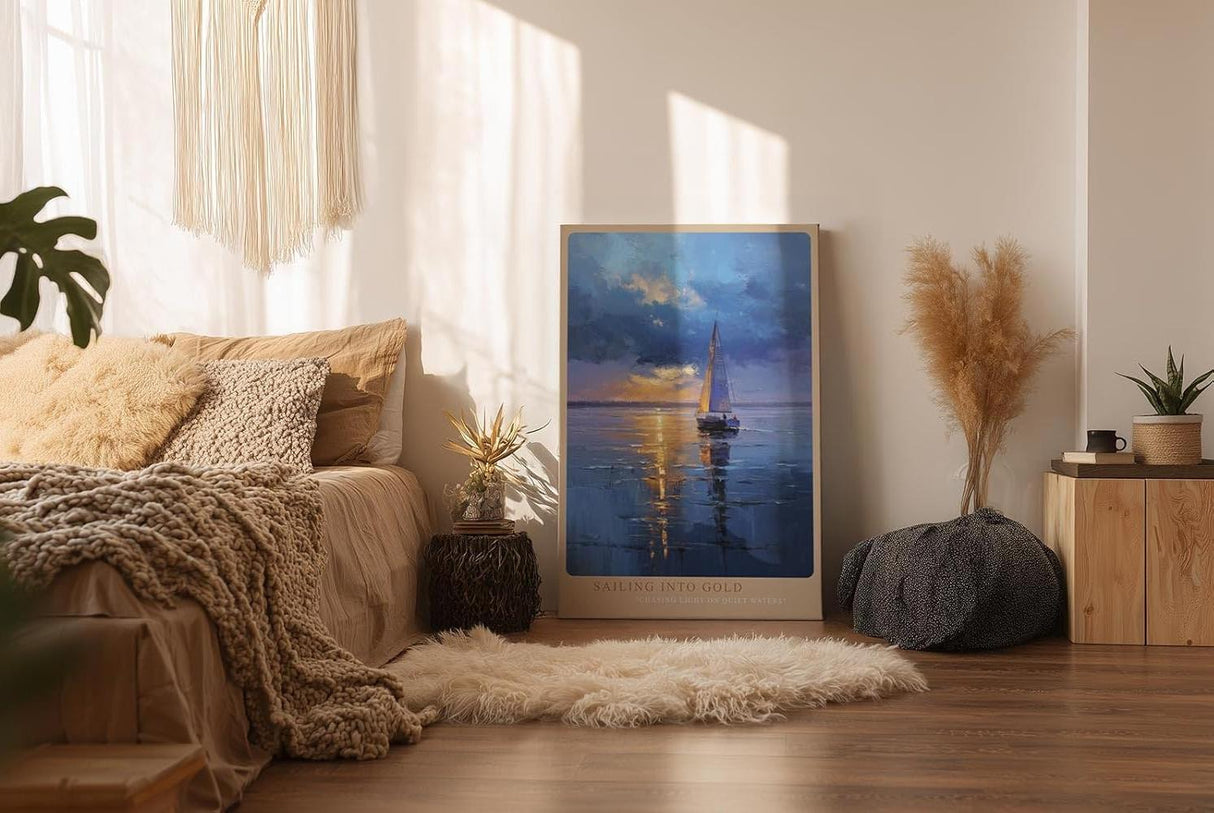 Paul Sinus Wandbild in 40x60cm Segelboot im goldenen Licht auf ruhigem Wasser mit dramatischem Himmel – maritimes Kunstwerk für stilvolle Raumgestaltung