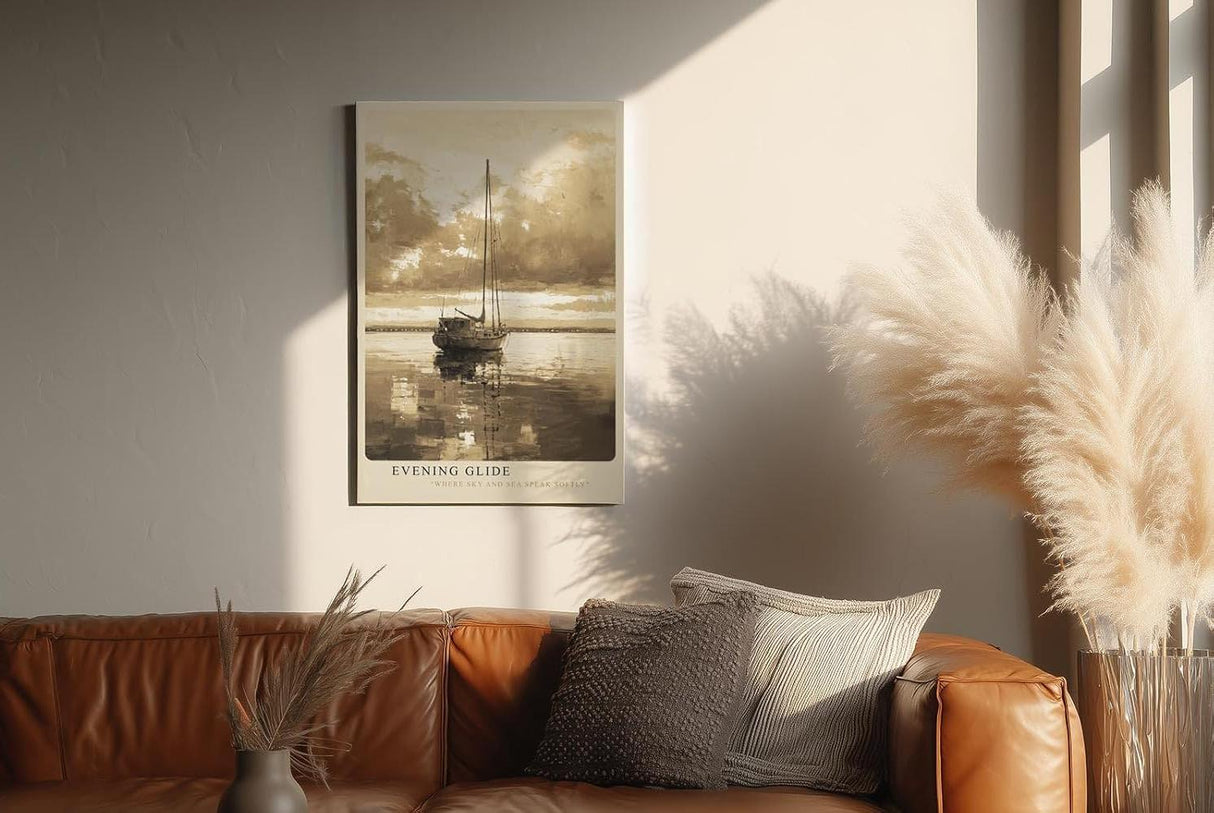 Paul Sinus Wandbild in 40x60cm Sepia-Segelboot auf ruhigem Wasser mit Wolkenhimmel – zeitlose maritime Kunst in warmen Farbtönen