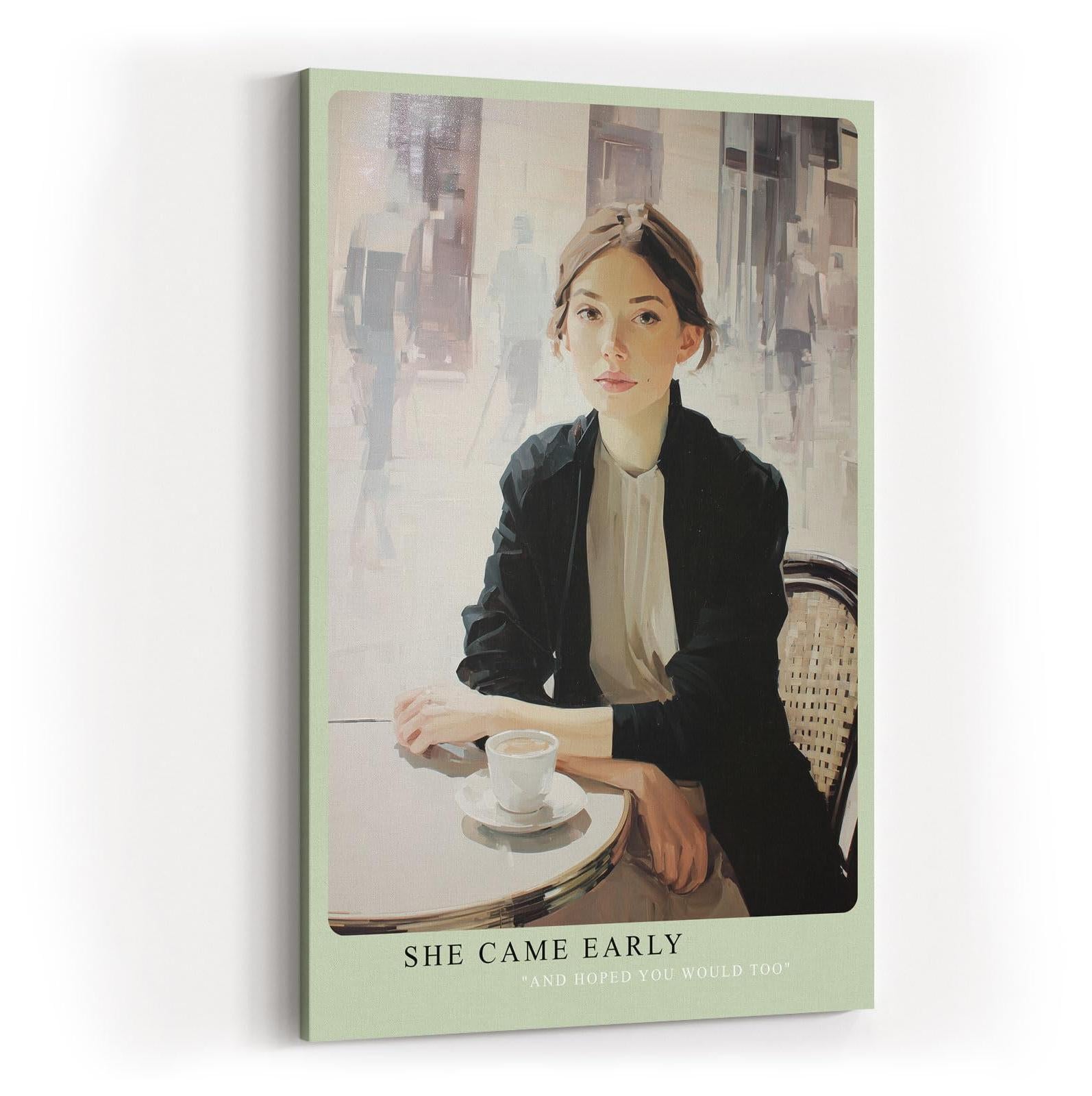 Paul Sinus Wandbild in 40x60cm She Came Early – Elegantes Porträt einer Frau am Café-Tisch, modern interpretiert in Bilder mit hellen, klaren Farbtönen