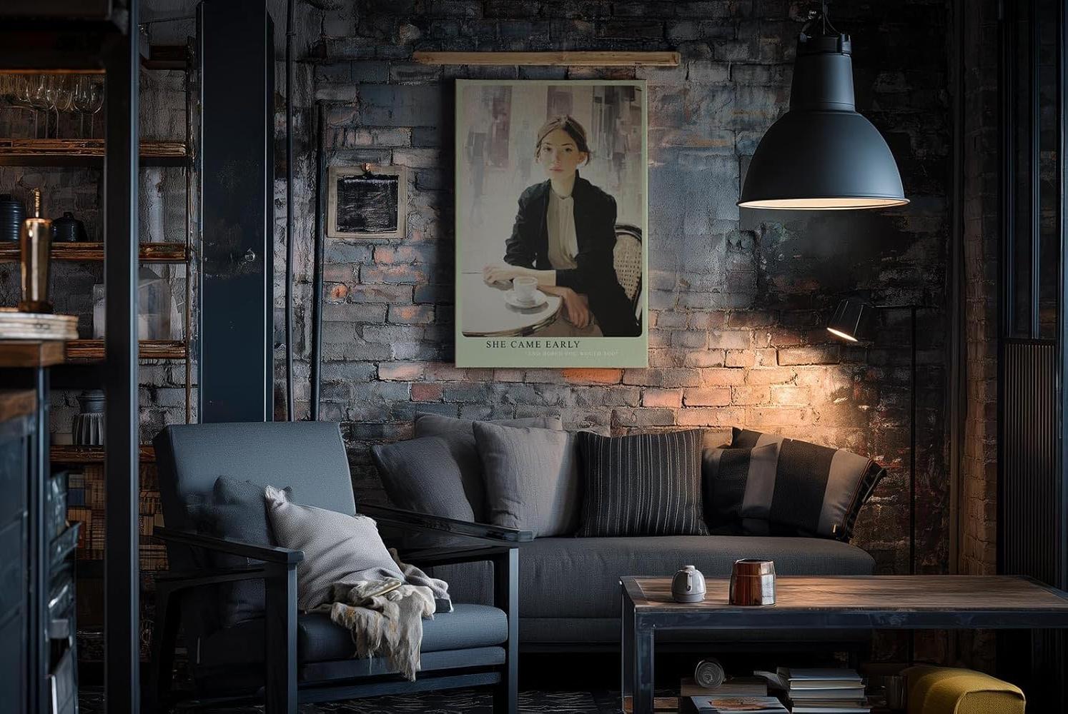 Paul Sinus Wandbild in 40x60cm She Came Early – Elegantes Porträt einer Frau am Café-Tisch, modern interpretiert in Bilder mit hellen, klaren Farbtönen